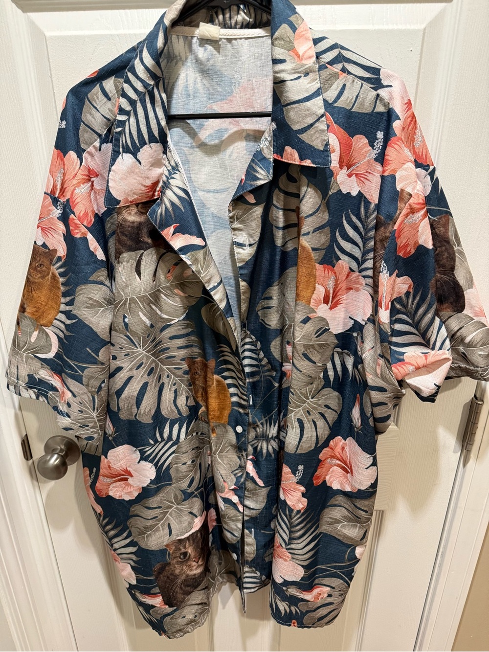 Dark Blue Tropical Cat Print Short Sleeve Shirt